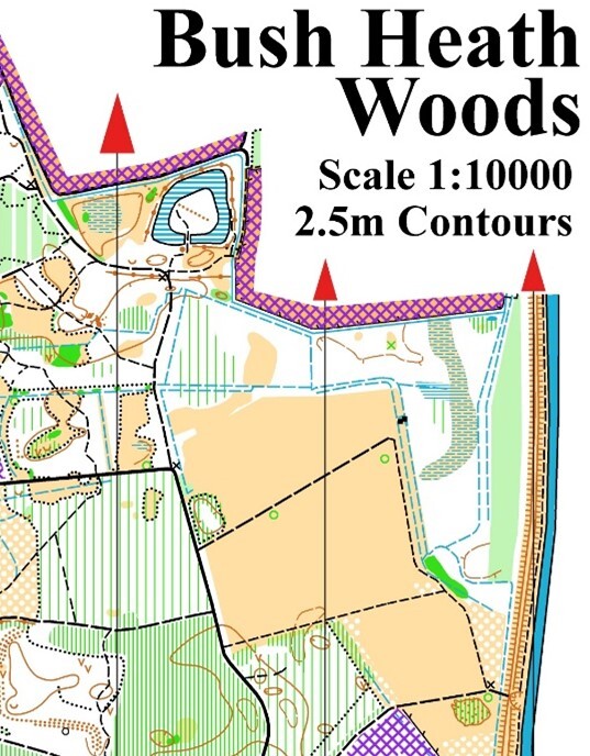 Map snippet showing open land, and wooded areas of different runnability